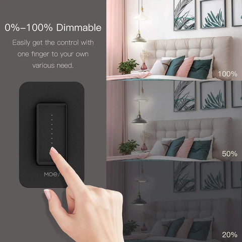 3 Way Smart Dimmer Switch With Neutral Wire, No Hub Needed, 2.4G WiFi, Remote Control For Lights, Works With Smart Life Tuya App, Alexa And Google Home, ETL FCC Listed, 1 Pack Black shown next to dimming bedroom lights at different levels.