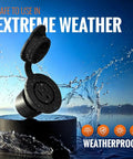Rugged Outdoor Waterproof Outlet Kit in extreme weather, showcasing durable rubber cover, water droplets visible.