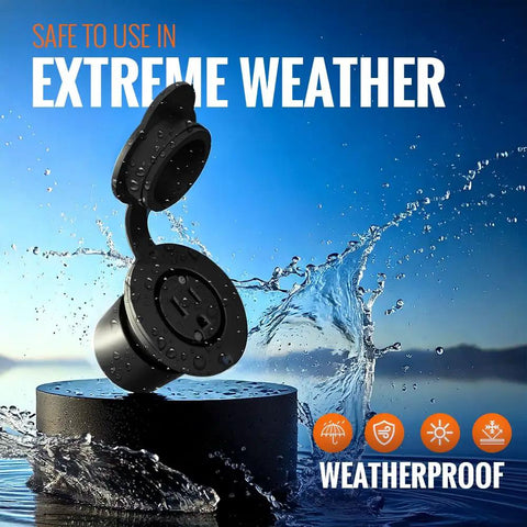Rugged Outdoor Waterproof Outlet Kit in extreme weather, showcasing durable rubber cover, water droplets visible.