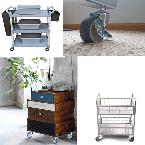 Various furniture pieces equipped with 3 Inch Heavy Duty Rubber Caster Wheels With Locking Brakes M8 X 1.5 Threaded Stem Industrial Swivel Castors