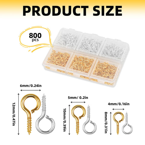 800Pcs Screw Eye Pins Kit For Jewelry Making And DIY Crafts includes gold and silver eyelets in 3 sizes, organized in a clear box