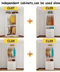 Heavy-Duty Modular Closet System With Nine Drawers And Nine Hanging Rods For Walk-In Spaces White L-Shape Corner Organizer Kit with four independent cabinets.
