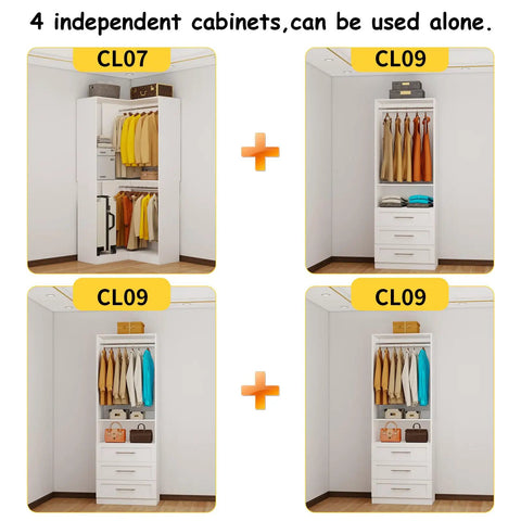 Heavy-Duty Modular Closet System With Nine Drawers And Nine Hanging Rods For Walk-In Spaces White L-Shape Corner Organizer Kit with four independent cabinets.