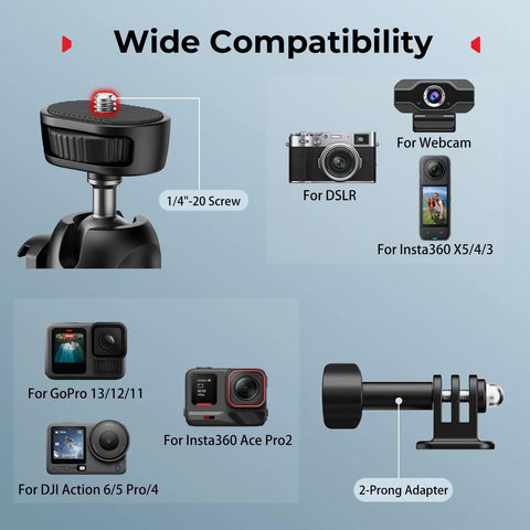 Versatile Extendable Mini Camera Tripod Selfie Stick With Carabiner Grip And Mantis Hook compatibility chart for DSLR GoPro DJI adapters