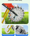 Walk Behind Garden Seeder With 12 Seeding Nozzles For Precision Row Planting showing stainless steel body and wheels