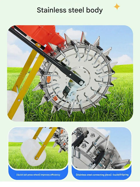 Close-up of stainless steel body of Walk Behind Manual Seeder With Sixteen Precise Nozzles For Row Crops And Gardens