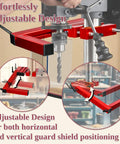 Adjustable Drill Press Guard Safety Shield Fits Two To Four Inch Column Diameter For Bench Top And Floor Models With Throat Distance Five To Ten Inches A Must Have Drilling Press Protection Accessory For Safer Operation shown in use, illustrating adjustable design.