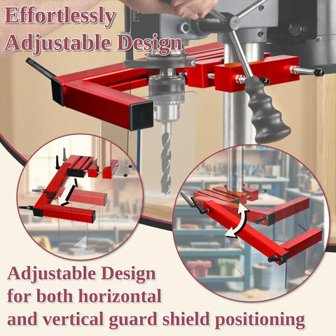 Adjustable Drill Press Guard Safety Shield Fits Two To Four Inch Column Diameter For Bench Top And Floor Models With Throat Distance Five To Ten Inches A Must Have Drilling Press Protection Accessory For Safer Operation shown in use, illustrating adjustable design.
