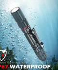 Rechargeable Pen Light 300 Lumen High Mode and 40 Lumen Low Mode EDC Pocket Flashlight underwater, highlighting IP67 waterproof feature.