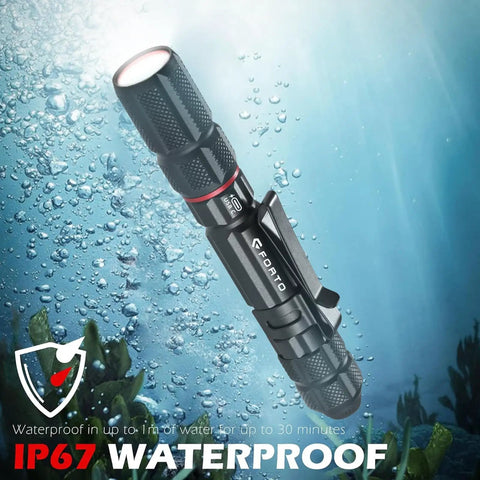 Rechargeable Pen Light 300 Lumen High Mode and 40 Lumen Low Mode EDC Pocket Flashlight underwater, highlighting IP67 waterproof feature.