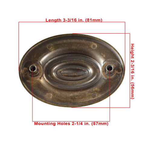 Oval Dresser Pulls Set, Two And A Quarter Inch Center To Center, Antique English Finish, 10 Pack, front view with dimensions