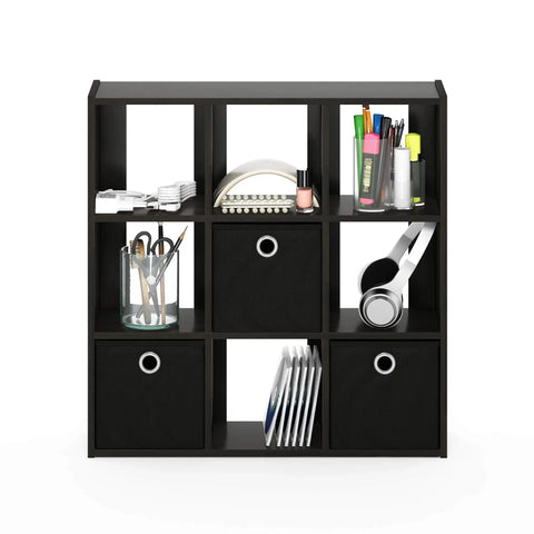 Espresso Black 9 Cube Organizer with bins, 7.9-inch depth, holds books, decor, and odds n ends on a modern structure.