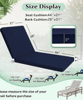 Size display of Get Comfy Two-Piece Chaise Lounge Cushions Set for Outdoor Furniture, 72x21x3 Inches, showing dimensions and uses.