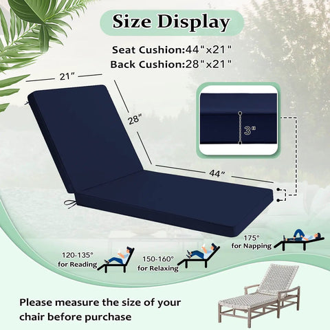 Size display of Get Comfy Two-Piece Chaise Lounge Cushions Set for Outdoor Furniture, 72x21x3 Inches, showing dimensions and uses.