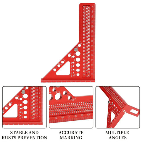 Built Tough Aluminum Multi Angle Measuring Ruler With Quick Snap Angle Pin For Dead On Precision Layout And Scribing Projects In Woodworking Construction And Engineering with etched scales and multiple angles.