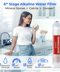 Woman holding water glass in modern kitchen next to 6th Stage Alkaline Water Filter, highlights mineral stones, calcite, Corosex features.
