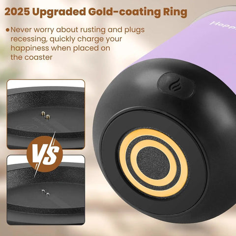 2025 upgraded gold-coating ring on bottom of 12 Oz self heating smart mug for temperature control and charging.