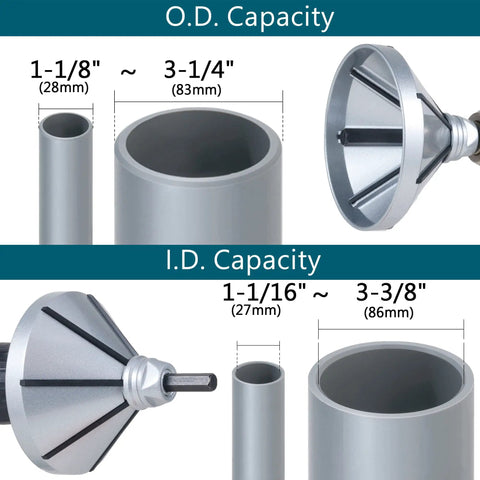2 In 1 Inner Outer Deburring Tool For PVC CPVC PP PE PEX ABS Copper Aluminum Plumbing Bevel Edges for OD 1-1/8 to 3-1/4 Inch ID 1-1/16 to 3-3/8 Inch showing capacity details