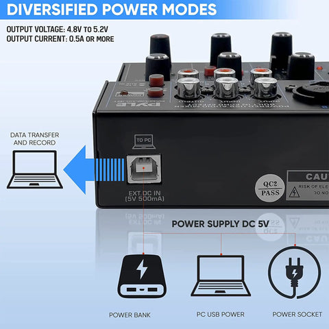 Close-up of diversified power modes on 4 Channel Wireless DJ Mixer With Bluetooth 5.x USB Audio Interface And 2 Combo Jacks