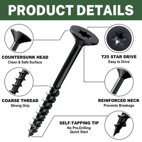 Outdoor Decking Screws One And A Half Inch Wood Screws Number Eight Three Hundred Piece Set, Rust Resistant Black Epoxy Coated, Exterior Grade T25 Star Drive