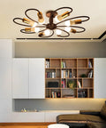 Eight Light Dope Semi Flush Ceiling Light Sputnik Style Chandelier in living room, black and gold.