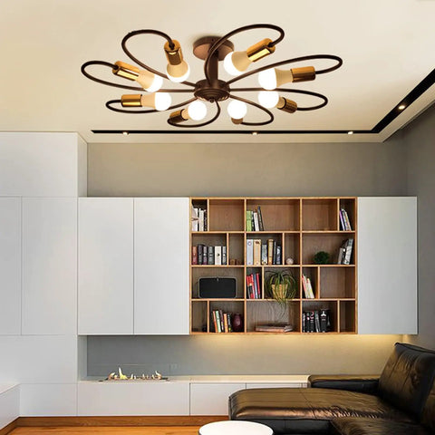 Eight Light Dope Semi Flush Ceiling Light Sputnik Style Chandelier in living room, black and gold.