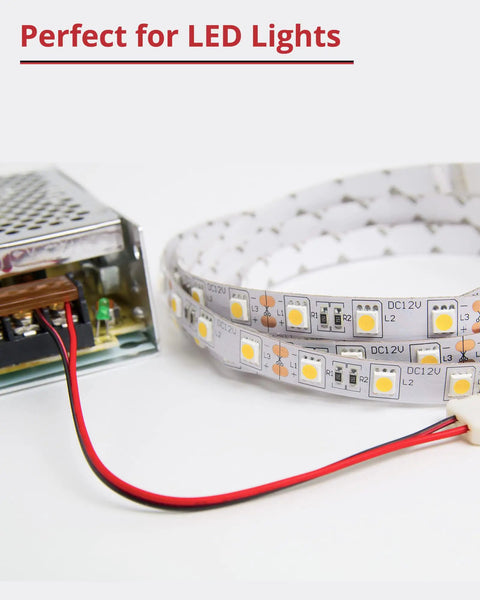 65.6ft 22AWG Low Voltage Extension Cable For LED Strips And DIY Electronics connected to LED strip and power supply.