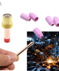 All in One TIG Welding Consumables Kit for WP17 WP18 WP26 Series parts and a welder using a torch amid sparks in workshop