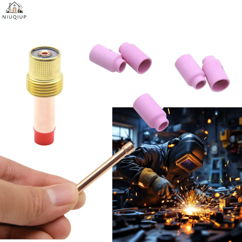 All in One TIG Welding Consumables Kit for WP17 WP18 WP26 Series parts and a welder using a torch amid sparks in workshop