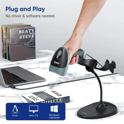 Handheld 2D Barcode Scanner With Gooseneck Stand USB Wired QR Code Reader for PC POS System Library Store Use