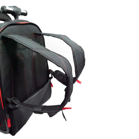 Back view of Heavy Duty Rolling Tool Backpack With 14 Inch Laptop Sleeve Pro Tradesman Organizer Wheeled Tool Carrier, showing straps