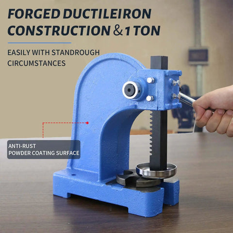 Beefy 1 Ton Manual Arbor Press For Riveting And Precision Hole Punching On A Heavy Duty Cast Iron Desktop Base With Stable Four Hole Mount And A Five And A Half Inch Maximum Height in use.