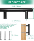 Diagram showing product size and installation of Six Pack Matte Black Drawer Pulls Set With Two And One Half Inch Hole Centers 64mm.
