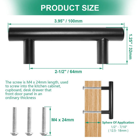 Diagram showing product size and installation of Six Pack Matte Black Drawer Pulls Set With Two And One Half Inch Hole Centers 64mm.