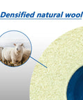 Front view of SALI 4.5-inch wool felt polishing wheel disc with blue center; inset shows sheep highlighting natural wool.