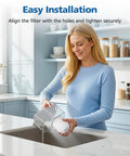 Woman installing Replacement Water Pitcher Filter Compatible With No 1 Filtered Pitcher in kitchen with light blue cabinets