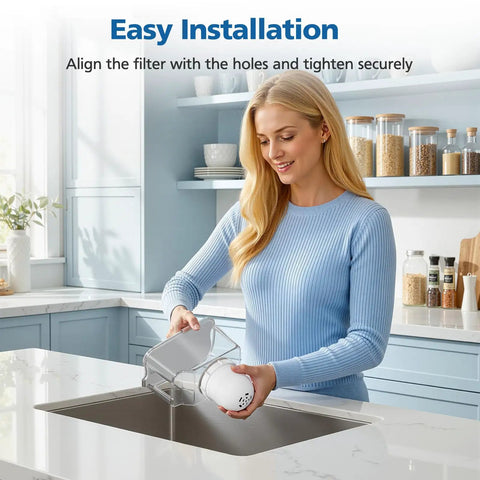 Woman installing Replacement Water Pitcher Filter Compatible With No 1 Filtered Pitcher in kitchen with light blue cabinets