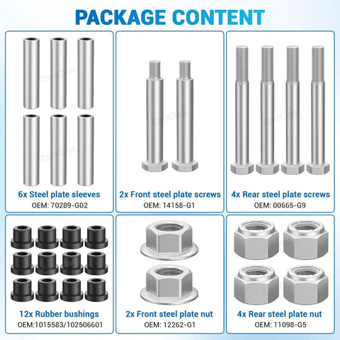 EZGO PDS and TXT Rear Leaf Spring Bushings Kit With Screws and Nuts for 1994-Up and Club Car DS 1981-Up package contents