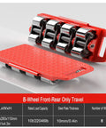 Heavy Duty Machine Dolly Low Profile Moving Cart With Thickened Steel Plate Multi Wheel Industrial Roller Slick Bidirectional Transport Slider showing 8 wheels and red steel plate.