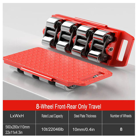 Heavy Duty Machine Dolly Low Profile Moving Cart With Thickened Steel Plate Multi Wheel Industrial Roller Slick Bidirectional Transport Slider showing 8 wheels and red steel plate.