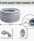 Top Shelf Liquid Tight Electrical Conduit Kit Twenty Five Foot Three Quarter Inch flexible conduit coil with connectors and dimensions.