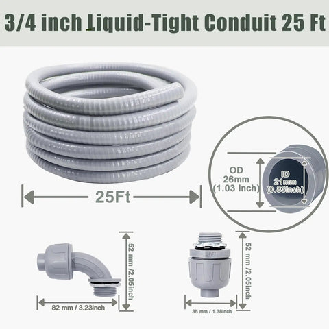 Top Shelf Liquid Tight Electrical Conduit Kit Twenty Five Foot Three Quarter Inch flexible conduit coil with connectors and dimensions.