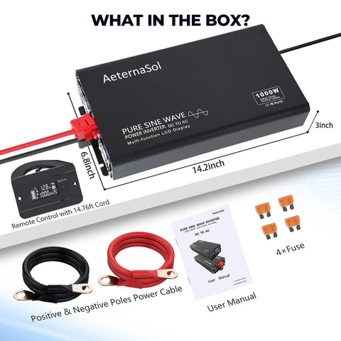 True 2000W Sine Wave Inverter DC 12V To AC 110 120V box contents including cables, remote, and fuses