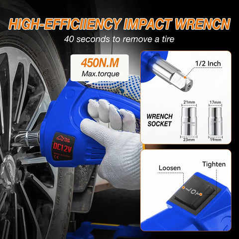 Beefy Heavy Duty Electric Car Jack Kit With Hydraulic Lift 5 Ton, Tire Inflator And Impact Wrench, 12V Floor Jack For Sedans, SUVs, MPVs And Trucks, Ideal For Tire Changes And Garage Repairs. 450N.m impact wrench with 1/2 inch drive and socket set