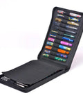 24 Slot Fountain Pen Case Black Organizer Bag Waterproof Canvas Pen Display Holder With Individual Slots And Zippered Storage Case For Thick And Thin Pens Durable Travel Organizer, open view showing pens inside.
