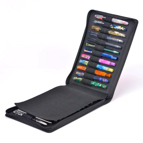 24 Slot Fountain Pen Case Black Organizer Bag Waterproof Canvas Pen Display Holder With Individual Slots And Zippered Storage Case For Thick And Thin Pens Durable Travel Organizer, open view showing pens inside.