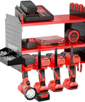 Garage Tool Organizer Wall Mount Drill Holder Pegboard Screwdriver Holder System With Magnet Bar And Organization Bin Cordless Drill Battery Charging Station Utility Shelf Red