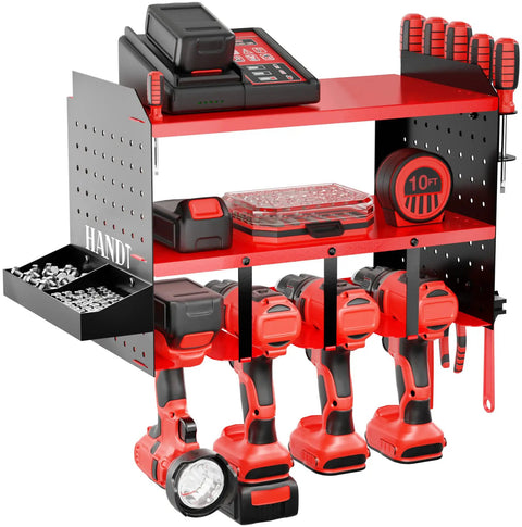 Garage Tool Organizer Wall Mount Drill Holder Pegboard Screwdriver Holder System With Magnet Bar And Organization Bin Cordless Drill Battery Charging Station Utility Shelf Red