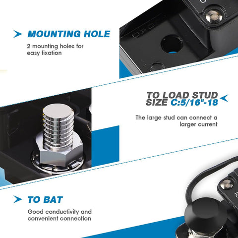 Badass 175A Circuit Breaker With Darn Tough IP67 Seal showing mounting holes and load stud size details for heavy-duty use.