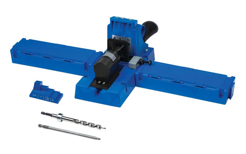Beast Mode Benchtop Pocket Hole Jig With Slick Toggle Clamp And No Sweat Ratcheting Adjustment For Heavy Duty Woodworking DIY Projects, blue jig.